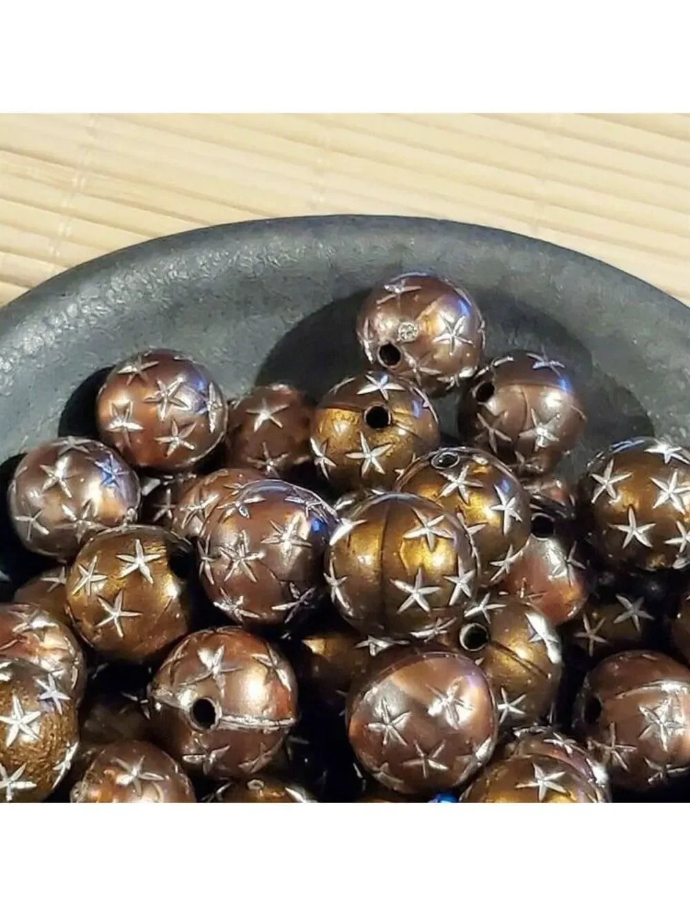 10 Vintage Retro Brown Silver Stars 12mm Round Acrylic Shabby Chic Beads
